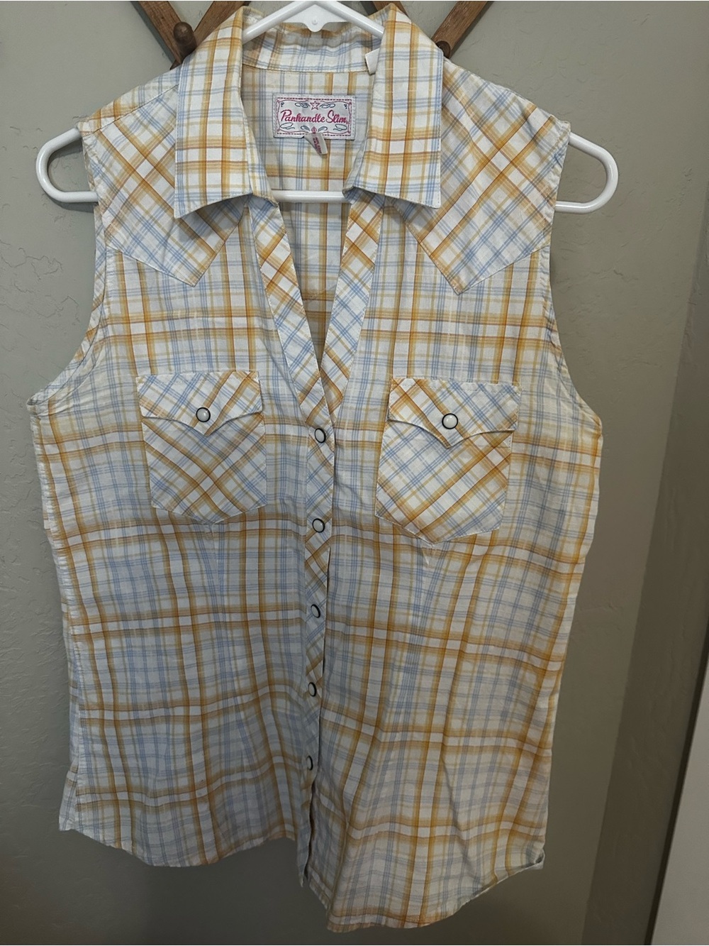 Panhandle Slim Yellow and White Plaid Sleeveless Western Top